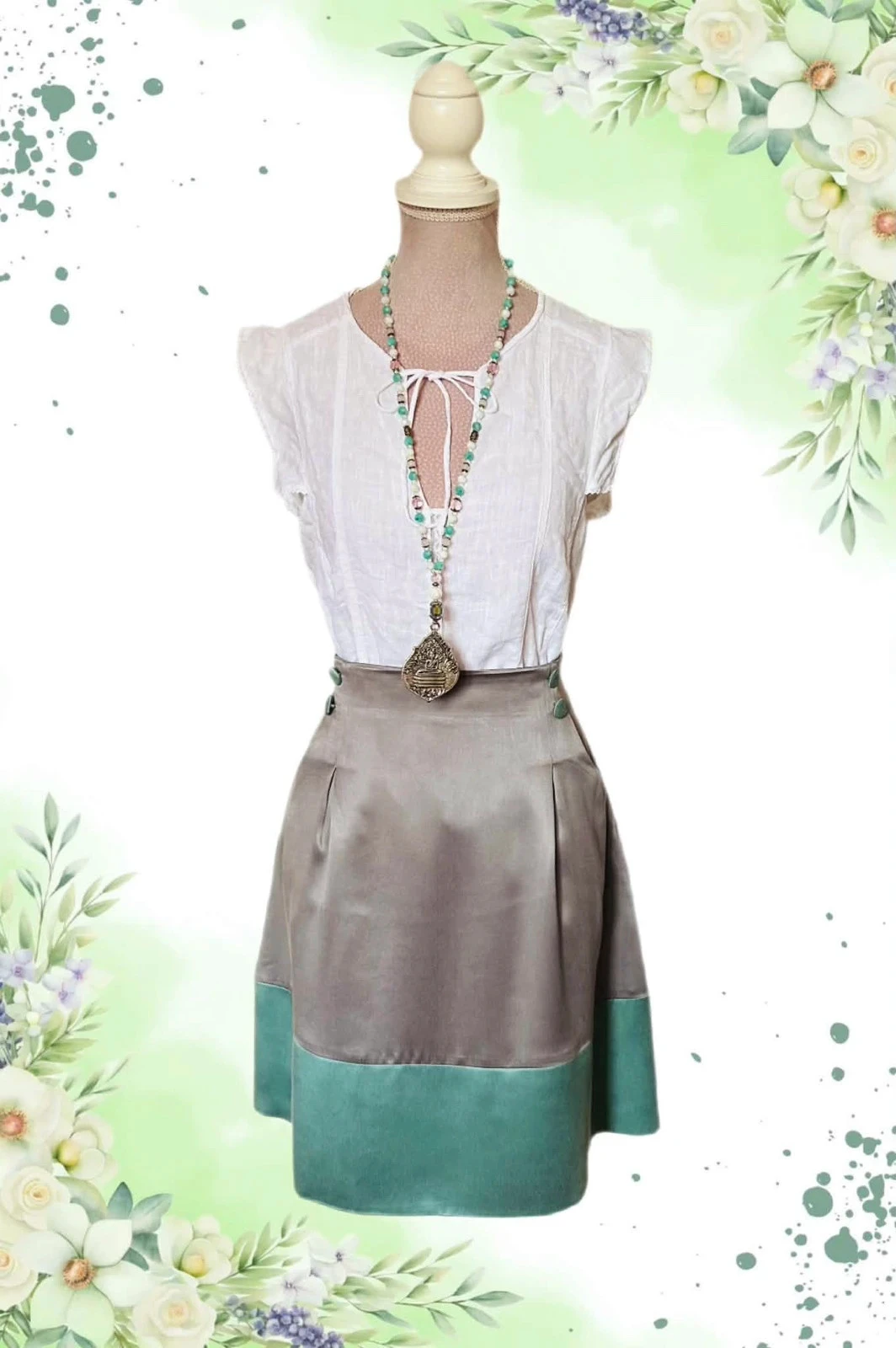 🩵🍃Jupe 100% soie cottagecore romantique schabby chic vintage quiet luxury silk skirt 36/38🍃🩵